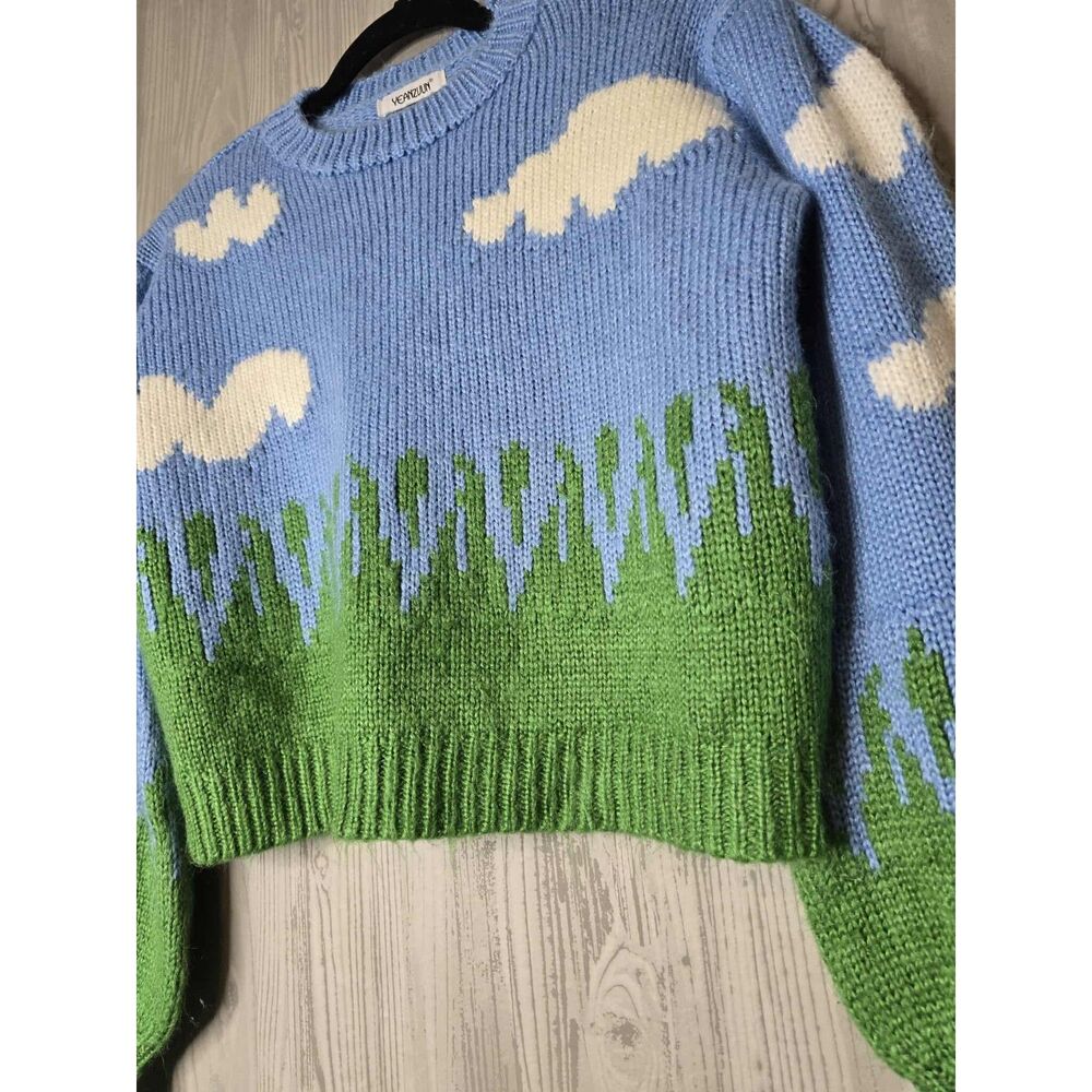 Whimsical Cloud & Grass Knit Sweater | Cropped Pullover | Fits S/M - Picture 4 of 5